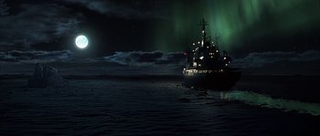 Movie still from “Alien vs. Predator” (2004), directed by Paul W.S. Anderson – A boat in the ocean under a cloudy night sky; Extreme Wide shot, Low angle
