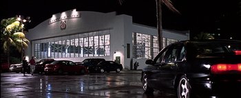 Movie still from “All About the Benjamins” (2002), directed by Kevin Bray – Cars are parked in a parking lot at night; Extreme Wide shot, Low angle