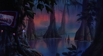 Movie still from “All Dogs Go to Heaven” (1989), directed by Dan Kuenster – A painting of a lake with trees in the background at night; Extreme Wide shot, Low angle