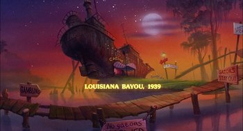 Movie still from “All Dogs Go to Heaven” (1989), directed by Dan Kuenster – A painting of a boat in the middle of the night; Extreme Wide shot, Low angle