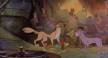 Movie still from “All Dogs Go to Heaven” (1989), directed by Dan Kuenster – A group of cartoon dogs standing in the dirt; Wide shot, High angle