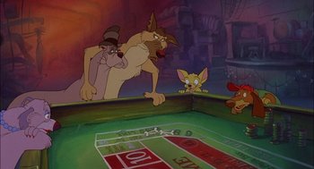 Movie still from “All Dogs Go to Heaven” (1989), directed by Dan Kuenster – A painting of a cat and a dog playing a game of craps; Wide shot, High angle