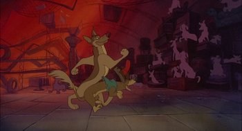 Movie still from “All Dogs Go to Heaven” (1989), directed by Dan Kuenster – A cartoon of a cat and a dog running in a room; Wide shot, Low angle