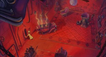 Movie still from “All Dogs Go to Heaven” (1989), directed by Dan Kuenster – An artistic rendering of a car in a room with red walls and floor; Extreme Wide shot, High angle