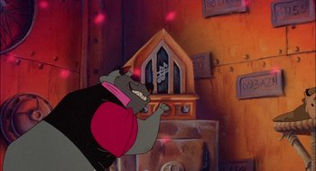 Movie still from “All Dogs Go to Heaven” (1989), directed by Dan Kuenster – A picture of a character in a cartoon setting; Medium shot, Low angle