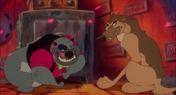 Movie still from “All Dogs Go to Heaven” (1989), directed by Dan Kuenster – A couple of animals that are sitting in a room together; Medium shot, Over the shoulder angle