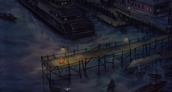 Movie still from “All Dogs Go to Heaven” (1989), directed by Dan Kuenster – An illustration of a pier at night with a boat in the background; Extreme Wide shot, High angle