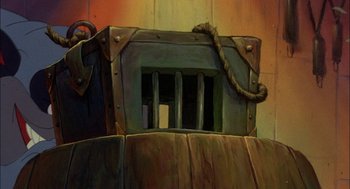 Movie still from “All Dogs Go to Heaven” (1989), directed by Dan Kuenster – A painting of a jail cell with a rope hanging from it's side; Extreme Close Up shot, Low angle