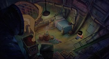 Movie still from “All Dogs Go to Heaven” (1989), directed by Dan Kuenster – An animated scene of a boy and a dog in a room with pipes; Wide shot, High angle