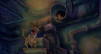 Movie still from “All Dogs Go to Heaven” (1989), directed by Dan Kuenster – A dog is standing on top of a platform in front of another dog; Wide shot, High angle