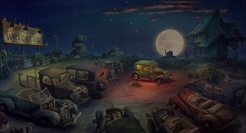 Movie still from “All Dogs Go to Heaven” (1989), directed by Dan Kuenster – A painting of an old car graveyard at night with a full moon in the background; Extreme Wide shot, High angle