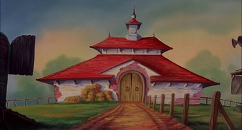 Movie still from “All Dogs Go to Heaven” (1989), directed by Dan Kuenster – A painting of a church with a clock on the top of the building; Extreme Wide shot, Low angle