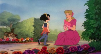 Movie still from “All Dogs Go to Heaven” (1989), directed by Dan Kuenster – A painting of a woman and a boy in a garden; Wide shot, High angle