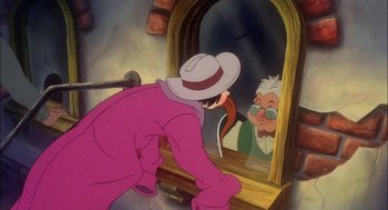 Movie still from “All Dogs Go to Heaven” (1989), directed by Dan Kuenster – A painting of a man looking in a mirror; Close Up shot, Over the shoulder angle