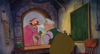 Movie still from “All Dogs Go to Heaven” (1989), directed by Dan Kuenster – A man in a cowboy hat is looking in a mirror; Medium shot, Over the shoulder angle