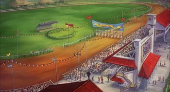 Movie still from “All Dogs Go to Heaven” (1989), directed by Dan Kuenster – An oil painting of a horse race track with spectators; Extreme Wide shot, High angle