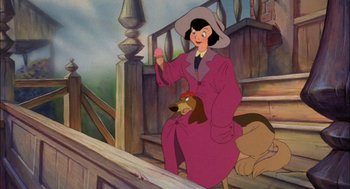 Movie still from “All Dogs Go to Heaven” (1989), directed by Dan Kuenster – A woman and a dog sitting on a wooden deck; Medium shot, High angle