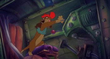 Movie still from “All Dogs Go to Heaven” (1989), directed by Dan Kuenster – A painting of a dog playing baseball in a room with green walls; Wide shot, Low angle