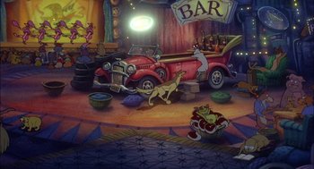 Movie still from “All Dogs Go to Heaven” (1989), directed by Dan Kuenster – A painting of a scene in a bar with cars and people; Wide shot, High angle