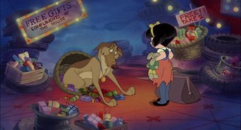 Movie still from “All Dogs Go to Heaven” (1989), directed by Dan Kuenster – A girl and a dog are in a store; Wide shot, High angle