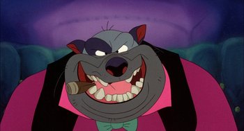 Movie still from “All Dogs Go to Heaven” (1989), directed by Dan Kuenster – A dog with a cigar in his mouth; Close Up shot, Low angle