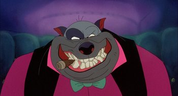 Movie still from “All Dogs Go to Heaven” (1989), directed by Dan Kuenster – A cartoon character with a cigar in his mouth; Close Up shot, Low angle