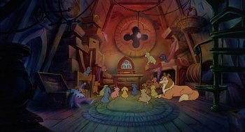 Movie still from “All Dogs Go to Heaven” (1989), directed by Dan Kuenster – A group of animals in a room with a clock; Wide shot, High angle