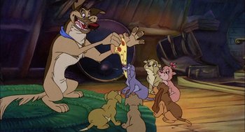 Movie still from “All Dogs Go to Heaven” (1989), directed by Dan Kuenster – A group of cartoon dogs eating a slice of pizza; Wide shot, High angle