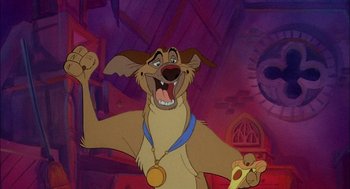 Movie still from “All Dogs Go to Heaven” (1989), directed by Dan Kuenster – A dog with a medal in his mouth; Close Up shot, High angle