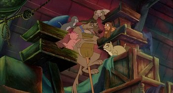 Movie still from “All Dogs Go to Heaven” (1989), directed by Dan Kuenster – A group of cartoon characters sitting in a pile of wood; Wide shot, High angle