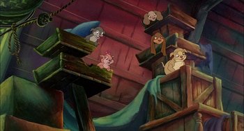 Movie still from “All Dogs Go to Heaven” (1989), directed by Dan Kuenster – A group of cartoon characters sitting on a wooden platform; Wide shot, High angle