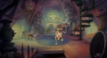 Movie still from “All Dogs Go to Heaven” (1989), directed by Dan Kuenster – A painting of a dog in a room with a lot of furniture; Wide shot, High angle