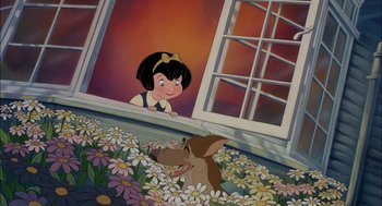 Movie still from “All Dogs Go to Heaven” (1989), directed by Dan Kuenster – A painting of snow white looking out of a window at a dog in a field of daisies; Medium shot, High angle