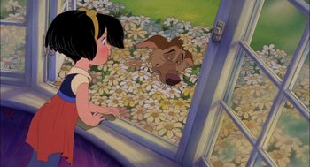 Movie still from “All Dogs Go to Heaven” (1989), directed by Dan Kuenster – Snow white looking out of a window at a dog; Wide shot, High angle