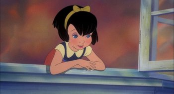 Movie still from “All Dogs Go to Heaven” (1989), directed by Dan Kuenster – A cartoon of a little girl leaning on a rail; Close Up shot, High angle
