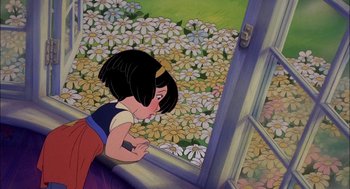 Movie still from “All Dogs Go to Heaven” (1989), directed by Dan Kuenster – A girl looking out of a window at a field of daisies; Medium shot, High angle