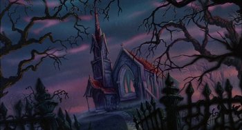 Movie still from “All Dogs Go to Heaven” (1989), directed by Dan Kuenster – A painting of an old church with a steeple; Extreme Wide shot, Low angle