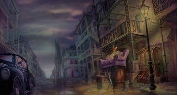 Movie still from “All Dogs Go to Heaven” (1989), directed by Dan Kuenster – An oil painting of an old town with a purple chair; Extreme Wide shot, High angle