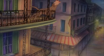 Movie still from “All Dogs Go to Heaven” (1989), directed by Dan Kuenster – A painting of a dog jumping over a balcony; Wide shot, Low angle