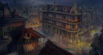 Movie still from “All Dogs Go to Heaven” (1989), directed by Dan Kuenster – An oil painting of an old town at night; Extreme Wide shot, High angle