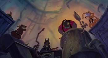 Movie still from “All Dogs Go to Heaven” (1989), directed by Dan Kuenster – A painting of a bunch of animals in a room; Wide shot, Low angle