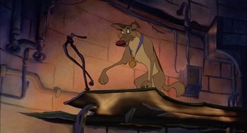 Movie still from “All Dogs Go to Heaven” (1989), directed by Dan Kuenster – A dog with a medal around its neck; Wide shot, Low angle