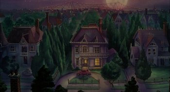 Movie still from “All Dogs Go to Heaven” (1989), directed by Dan Kuenster – A painting of a house in the middle of the night; Extreme Wide shot, High angle