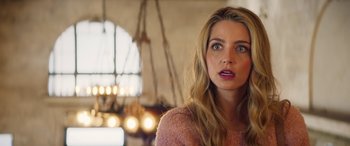 Movie still from “All My Life” (2020), directed by Marc Meyers – A beautiful blonde haired woman with blue eyes; Close Up shot, Over the shoulder angle