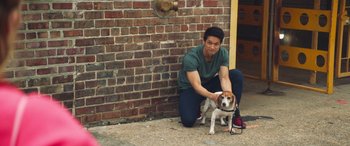 Movie still from “All My Life” (2020), directed by Marc Meyers – A man kneeling down next to a brown and white dog; Wide shot, High angle