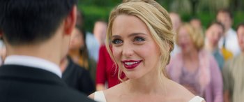 Movie still from “All My Life” (2020), directed by Marc Meyers – A woman with blonde hair and blue eyes smiling for the camera; Close Up shot, Over the shoulder angle