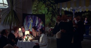 Movie still from “Amarcord” (1973), directed by Federico Fellini – A group of people sitting around a table at a party; Wide shot, Over the shoulder angle