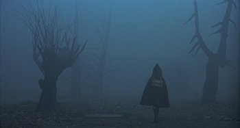 Movie still from “Amarcord” (1973), directed by Federico Fellini – A woman in a hooded cape walking through a foggy forest; Wide shot, Over the shoulder angle