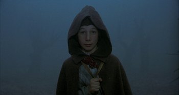 Movie still from “Amarcord” (1973), directed by Federico Fellini – A young boy in a hooded cloak holding a stick; Medium shot, High angle
