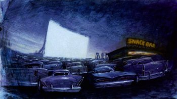 Movie still from “American Pop” (1981), directed by Ralph Bakshi – An oil painting of cars parked in a parking lot at a drive - in movie; Extreme Wide shot, Low angle